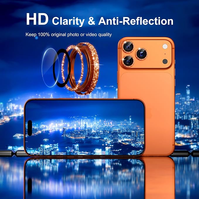 Misea Camera Lens Protector for iPhone 17 Pro Max/17 Pro, Orange Glitter | Bling Upgraded Look, 9H Tempered Glass Individual Metal Camera Cover, Anti-Scratch, for iPhone 17/16/15/14 Pro Max/Pro - Image 4