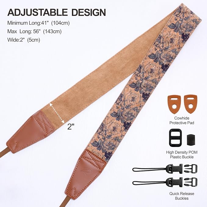 Padwa Lifestyle Cork Camera Strap - 2" Top Layer Cowhide Head Camera Straps for Photographers,Natural Log Crackle Art Print Style,Soft Chamois Velvet Padded Strap Quick Release fits All Cameras - Image 7