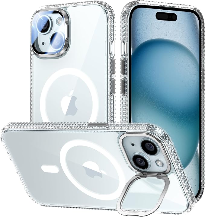 VOFATA [Upgraded] for iPhone 15 Case with Camera Cover Stand [Fit for MagSafe][9H Camera Lens Protector] Mil-Grade Protection Transparent Magnetic iPhone 15 Phone Case, Clear by VOFATA
