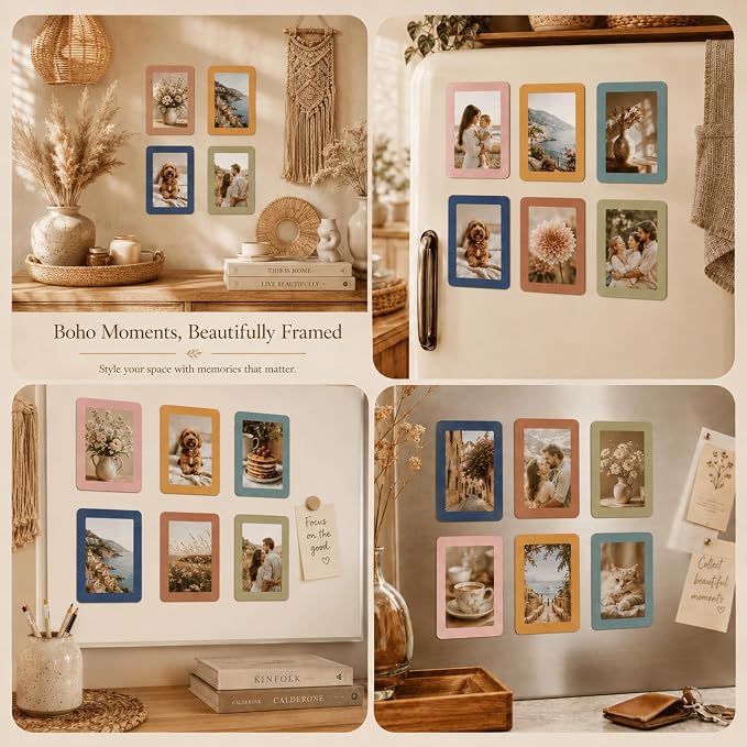 12 Pack Boho Magnetic Picture Frames 4x6 - Earthy Neutral Tones Minimalist Magnet Photo Borders for Refrigerator, Locker, Classroom & Office Decor - Open Face Aesthetic Home Accessories - Image 7