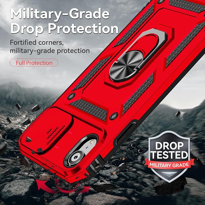 HNHYGETE for iPhone XR Phone Case with HD Screen Protector: [Military Grade 20ft. Drop Tested] Slide Camera Cover Ring Shockproof Protective Phone Case for - iPhone XR (Red) - Image 2
