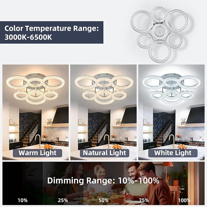 Modern Ceiling Light, 7 Rings 23'' Dimmable LED 106W Flush Mount Ceiling Lights with Remote Acrylic Crystal Round Ceiling Light Fixture, Bedroom Living Room Dining Room, Chrome - Image 4
