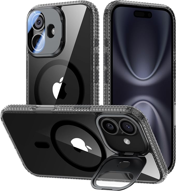 VOFATA [Upgraded] for iPhone 16 Case with Camera Cover Stand [Fit for MagSafe][9H Camera Lens Protector] Mil-Grade Protection Transparent Magnetic iPhone 16 Phone Case, Clear Black by VOFATA