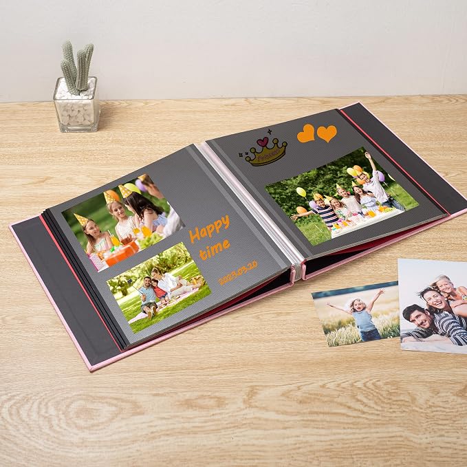 Large Photo Album Self Adhesive 4x6 8x10 10x12 13"x12.6" Scrapbook Album 12.6"x11" Inch 60 Black Sticky Pages Linen Cover Magnetic Photo Album with A Metallic Pen and DIY Stickers(Pink) - Image 2