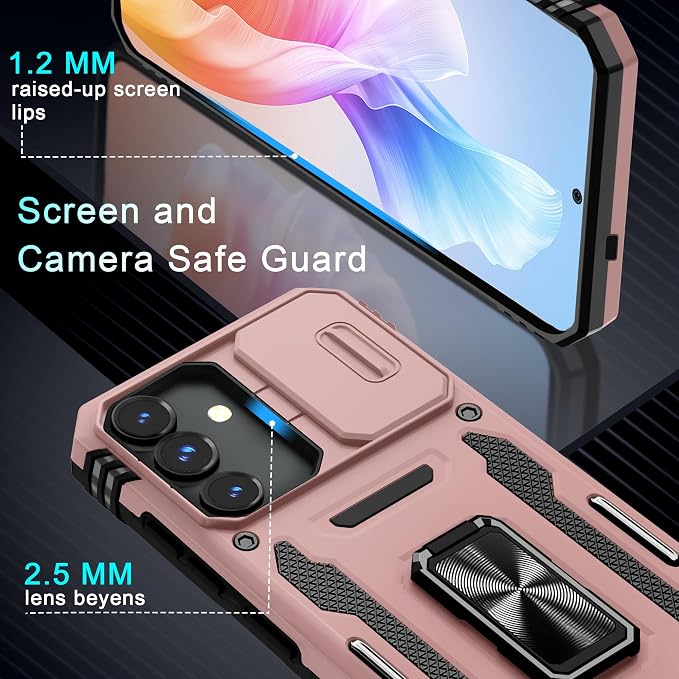 DEERLAMN Case for Samsung Galaxy S24 6.2-Inch with Slide Camera Cover+Screen Protector(1 Pack), Rotated Ring Kickstand Military Grade Shockproof Protective Cover-Rose Gold - Image 6