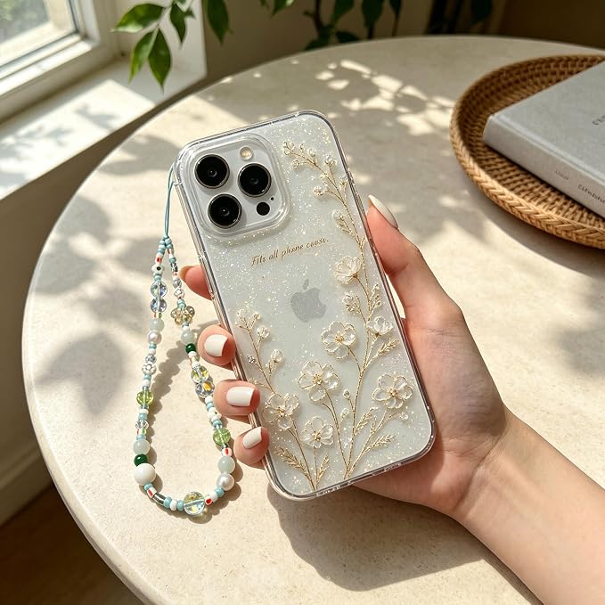 2 Pcs Phone Charm Strap Hand Wrist Strap Camera Lanyard Pearl Beaded Cute Chain String Accessories Universal for iPhone 17 Pro Max 16 15 14 for Samsung Women Girls Keychain Bag Green Flower and Star - Image 5
