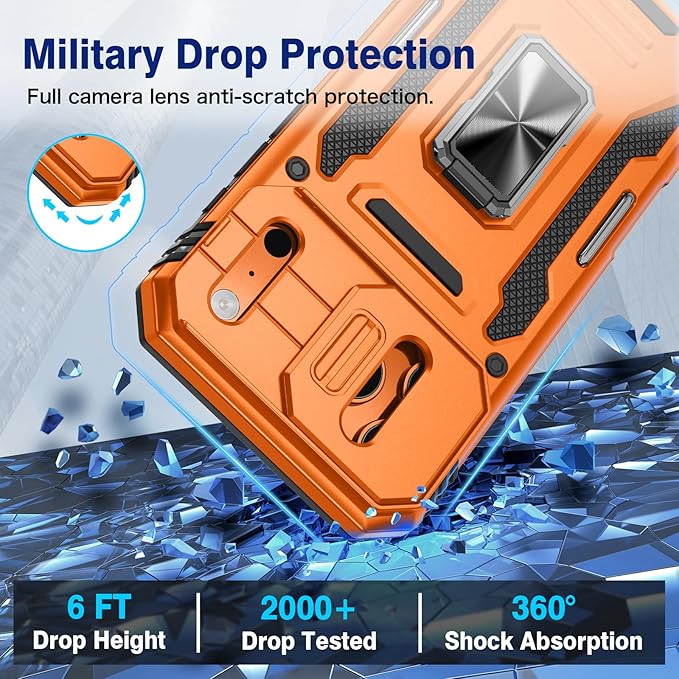 VEGO for iPhone 17 Pro Max Case with Slide Camera Cover and Kickstand | Privacy Tempered Glass Screen Protector & Ring Kickstand Military Grade Protection Cover for iPhone 17 ProMax - Orange - Image 6