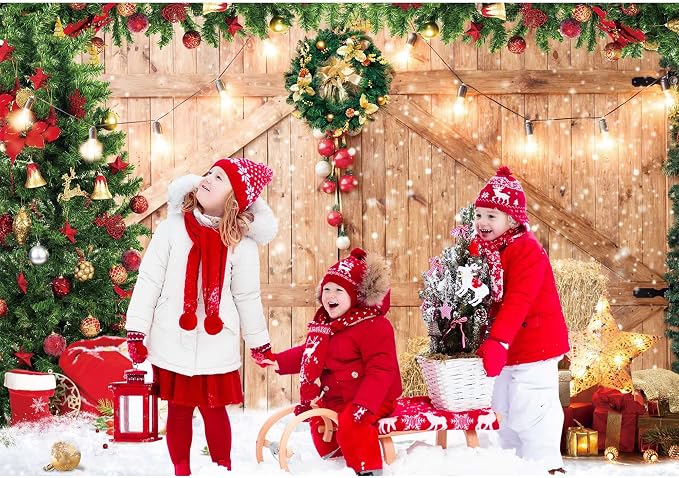 Christmas Backdrop Soft Fabric Rustic Barn Wood Door Backdrop for Photography Xmas Tree Snow Wall Floor Party Photo Background Family Banner Decorations Studio Prop Pictures(8x6ft) - Image 3