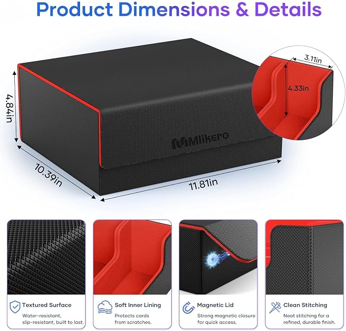 Mlikero Card Deck Case for Trading Cards 1800+, Trading Card Storage Box Fits Toploader and Magnetic Card Holder, Leather Magnetic Closure Deck Box Fit for MTG, TCG (Red) - Image 6