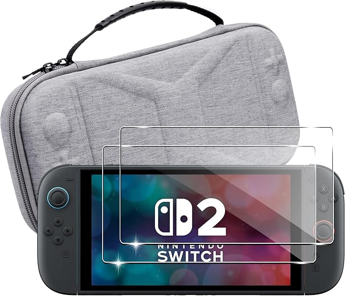 Storage Case for NS Switch 2 for (2025) case Cover,Grey Hard Shell Portable,Handbag with 2 Pack Tempered Films 2 in 1 by Suttkue