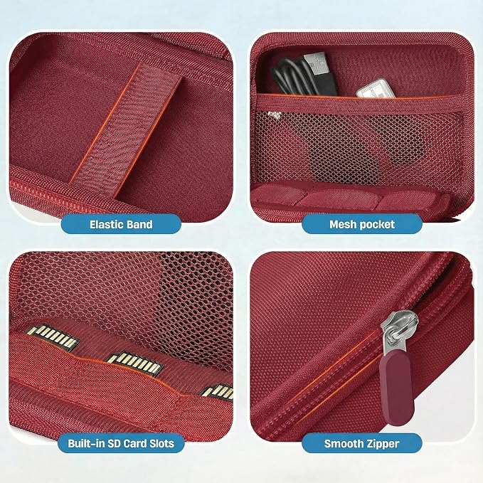 Digital Camera Case for CAMKORY/KODAK PIXPRO FZ45/FZ55/Canon IXUS 285 HS/AbergBest/Sony DSCW800/DSCW830 - Small Travel Compact Camera Holder with Mesh Pocket for SD Card & Accessories (Wine Red) - Image 5