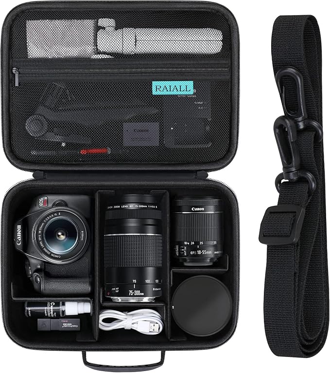 RAIALL Case for Canon EOS Rebel T7/R50/R100/Sony/Nikon D7500 Camera, Black | for R50V/R8/R10/RP/R7/R6 Mark II/R5 DSLR SLR, Lens, Tripod, Hard Protective Travel Bag with a Shoulder Strap and 5 Dividers by RAIALL
