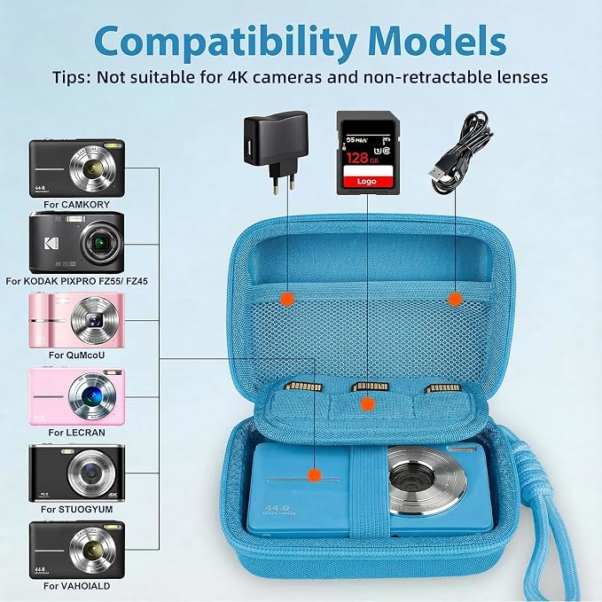 Digital Camera Case for CAMKORY/KODAK PIXPRO FZ45/FZ55/Canon IXUS 285 HS/AbergBest/Sony DSCW800/DSCW830 - Small Travel Compact Camera Holder with Mesh Pocket for SD Card & Accessories (Sky Blue) - Image 3