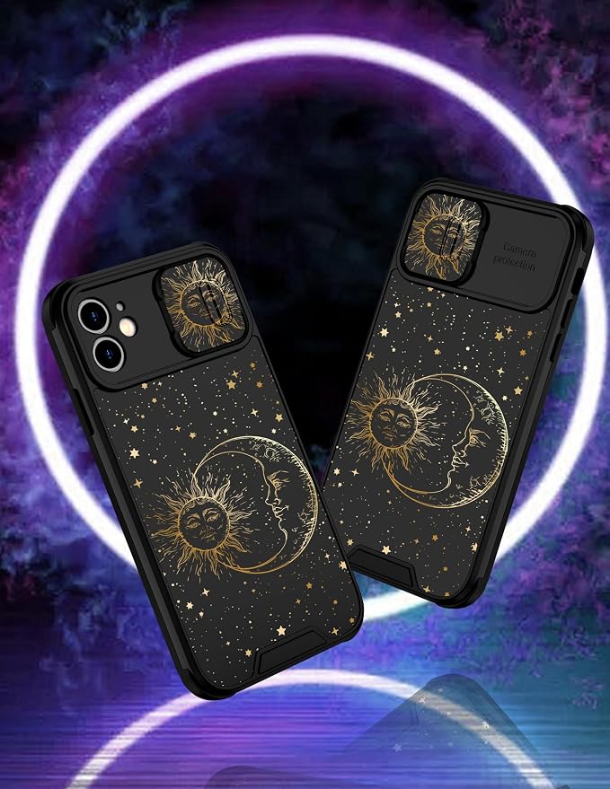 (2in1 for iPhone 11 Case Sun Moon Stars for Women Cute Space Phone Cover Fashion Golden Star Print Design with Slide Camera Cover Protective Case for iPhone 11 6.1'' - Image 4