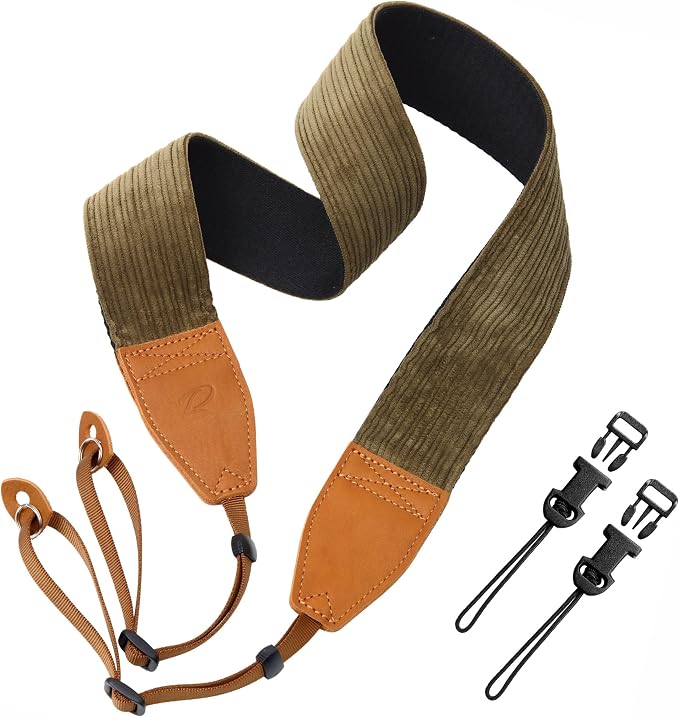 Padwa Lifestyle Olive Green Corduroy Camera Strap - 2" Double Layer Full Grain Cowhide Leather Head Camera Straps for Photographers, Unique Soft Corduroy Fabric with Quick Release fits all Cameras by PadwaLifestyleCameraStrap