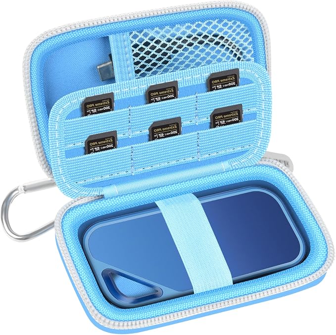 PAIYULE Hard Case for SanDisk Extreme Portable SSD & PRO,SD Card Pocket | Fits 250GB, 500GB, 1TB, 2TB and 4TB SSDs, with SD Card Pocket,Elastic Strap,Mesh Pocket and Carabiner, Case Only Lightblue by paiyule