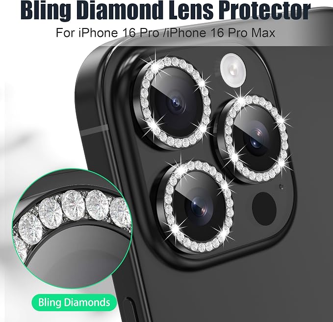 AGVEE 3+3 6 Pack for iPhone 16 Pro & Max Camera Lens Protector Cover | Individual Bling Diamond & Bling Glitter Sparkle Cute Gem Metal Ring, 9H Tempered HD Glass - Image 4