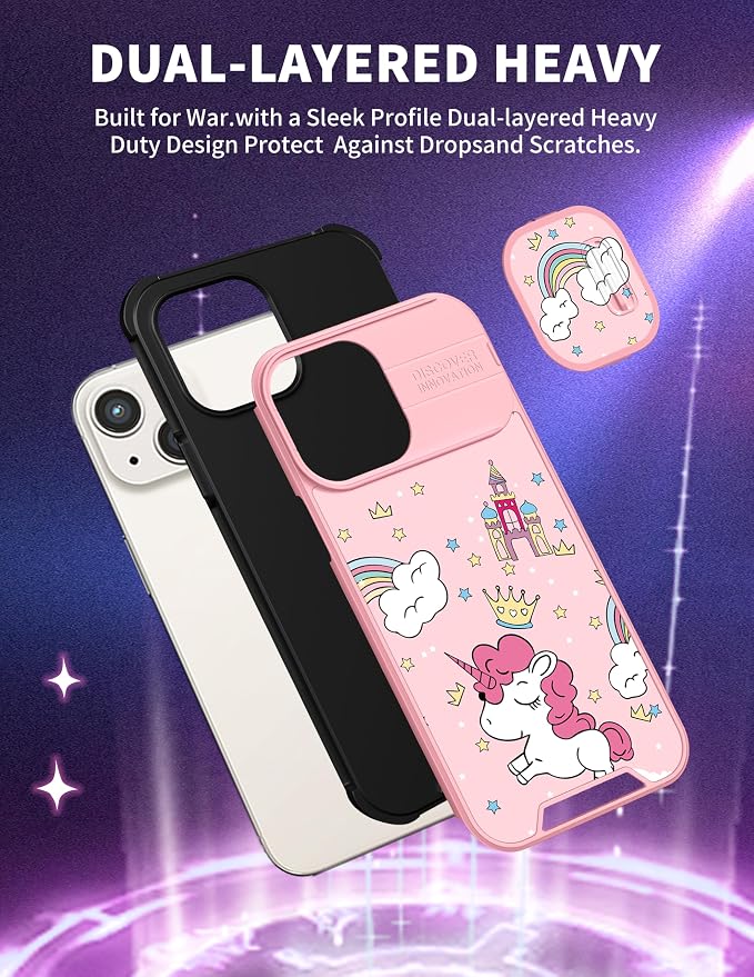 (2in1 for iPhone 14 Case for Women Kawaii Cartoon Girly Phone Cover Cute Unique Design with Slide Camera Cover Protective Rainbow Cases for iPhone14 6.1 inch - Image 5