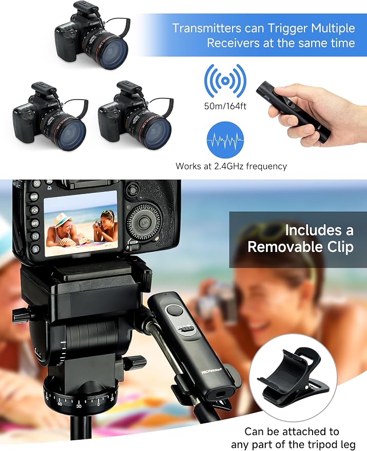 PROfezzion 164ft Remote Shutter Release Wireless for Select Canon Cameras | for Canon Rebel T7 T6 T5 T8i T7i SL3 EOS R100 R10 R8 R7 R6 Mark V III II RP R R50V 90D 80D 70D, AAA Battery, Tripod Clip - Image 5