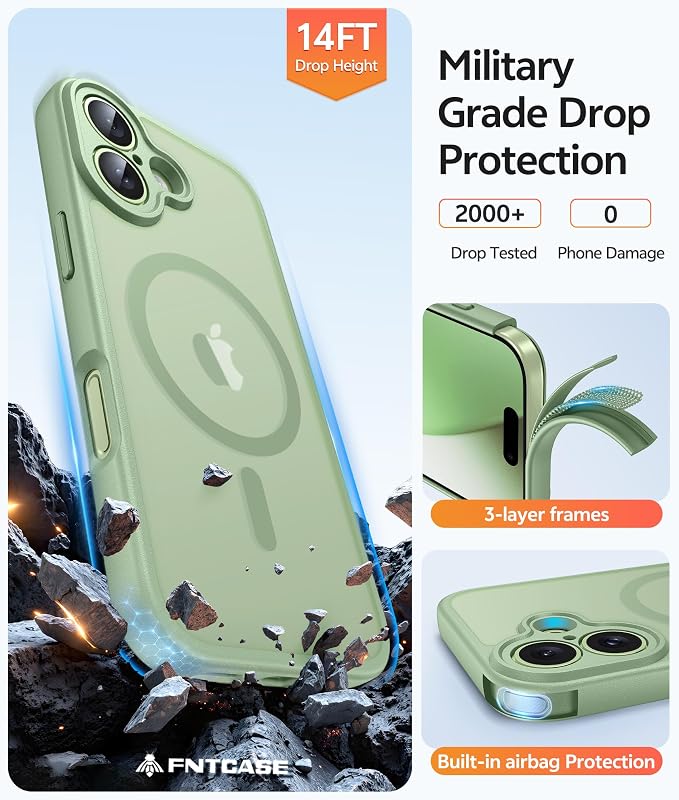 FNTCASE for iPhone 17 Case, Compatible with Magsafe, Glass Screen Protector | Full Camera Protection, Translucent Matte, 14FT Military Grade Drop Proof, Shockproof Protective Phone Cover, Light Moss - Image 5