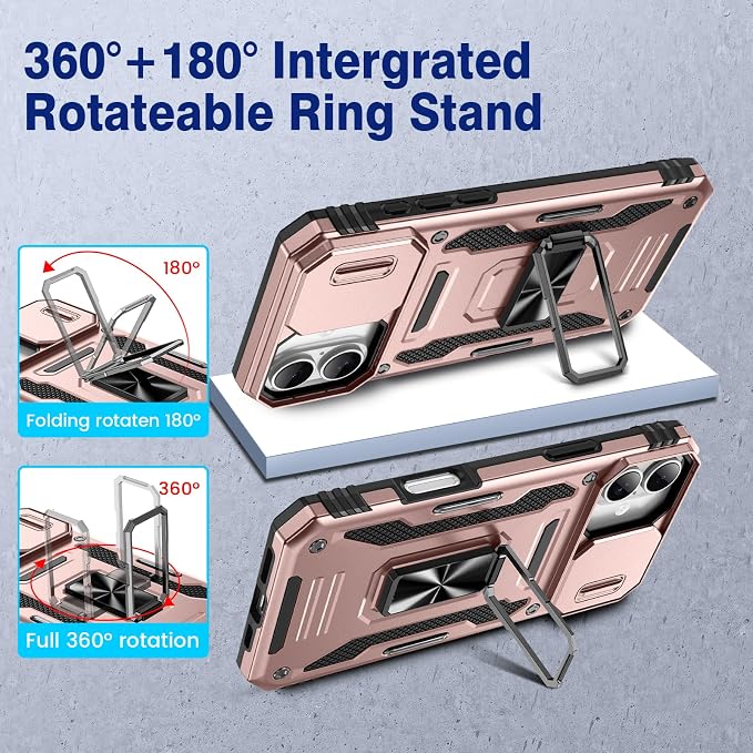 VEGO for iPhone 16 Plus Case with Camera Cover & Privacy Screen Protector | Tempered Glass Screen Protector & Ring Kickstand Military Grade Heavy Duty Protection Cover for iPhone 16 Plus - Rose Gold - Image 4