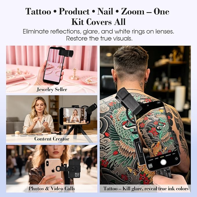 Polarized Light and Lens for Tattoo, Polarizing CPL Lens for iPhone | Eliminate Glare And Restore True Colors, 120 LED Light, 52mm CPL Lens,Tattoo Photography Kit For Tattoo Artists, Vlogs, Zoom - Image 5