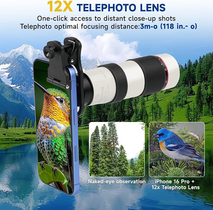 12X HD Telephoto Lens for iPhone/Samsung/Android, High Power Telephoto Camera Lens with Universal Clip Compatibility Most Smartphone Ideal for Concert, Outdoor Photography - Image 2