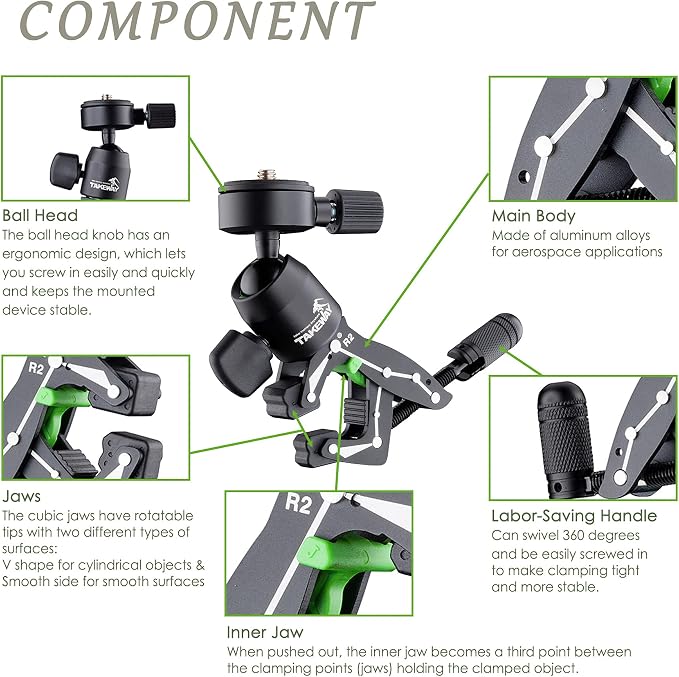 Adjustable Camera Clamp Mount with 360°Rotatable Mini Ball Head and 1/4" Screew Quick Release Tabletop C Clampod Bar Clamp for GoPro/Brinno/DSLR/MILC/SLR Camera and More Action Camera - Image 4