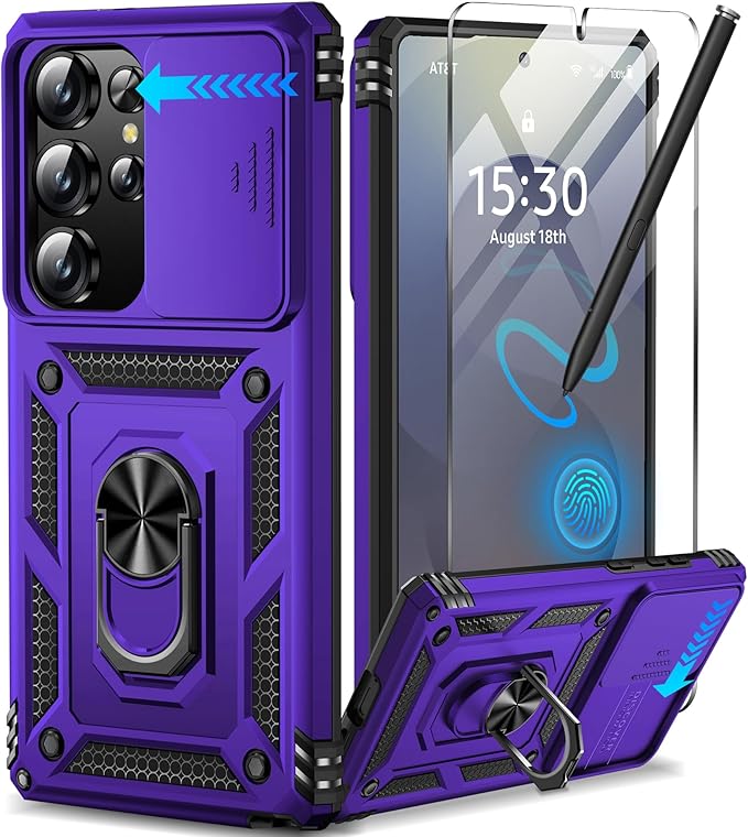 Taisairu for Samsung Galaxy S25 Ultra Case with Screen Protector & Slide Camera Lens Cover, Built-in Magnetic Ring Stand Shockproof Protective Phone Case for Samsung S25 Ultra Case (Purple) by Taisairu