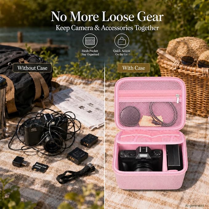 Comecase Large Travel 4K Vlogging Camera Case for Duluvulu/for AUREAPIX | Outdoor Camera Holder with 2 Dividers and Mesh Pocket, for Vloggers and Content Creators, Trip Ready, Full Pink - Case Only - Image 3