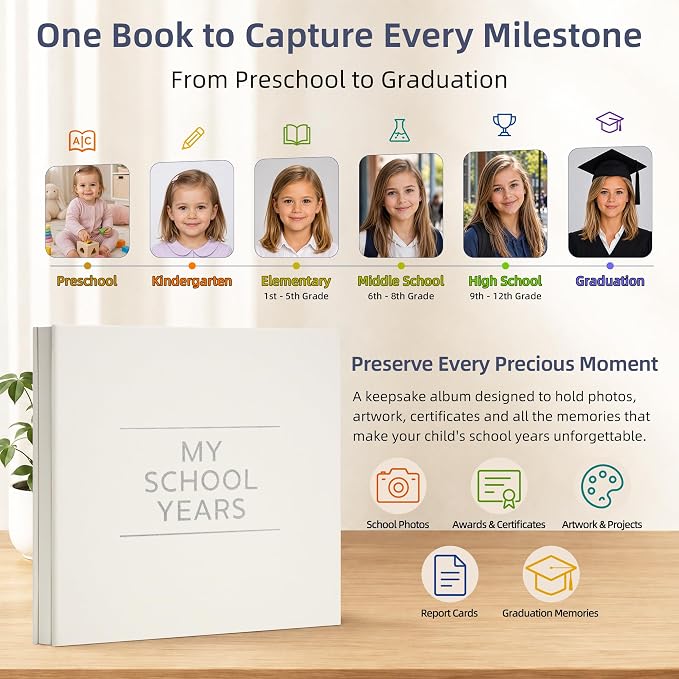 Large School Photo Album 12x12In Self Adhesive 40 Pages Beige | Linen cover, Marker, Corner stickers, School memories, Kids keepsake - Image 3