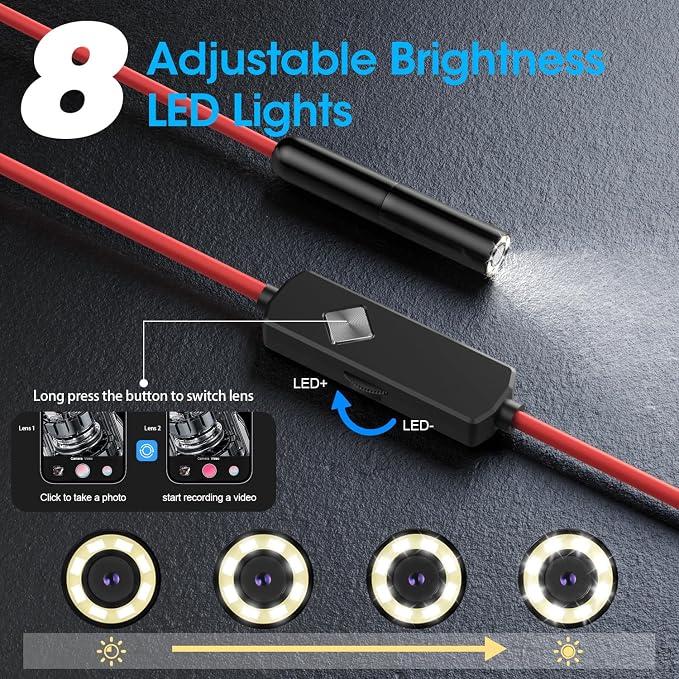 Endoscope with Light, 1920P HD Borescope with 8 Adjustable LED Lights, Semi-Rigid Snake Camera, IP67 Waterproof Inspection Tool (16.4ft, Red Harness + Single Lens) - Image 3