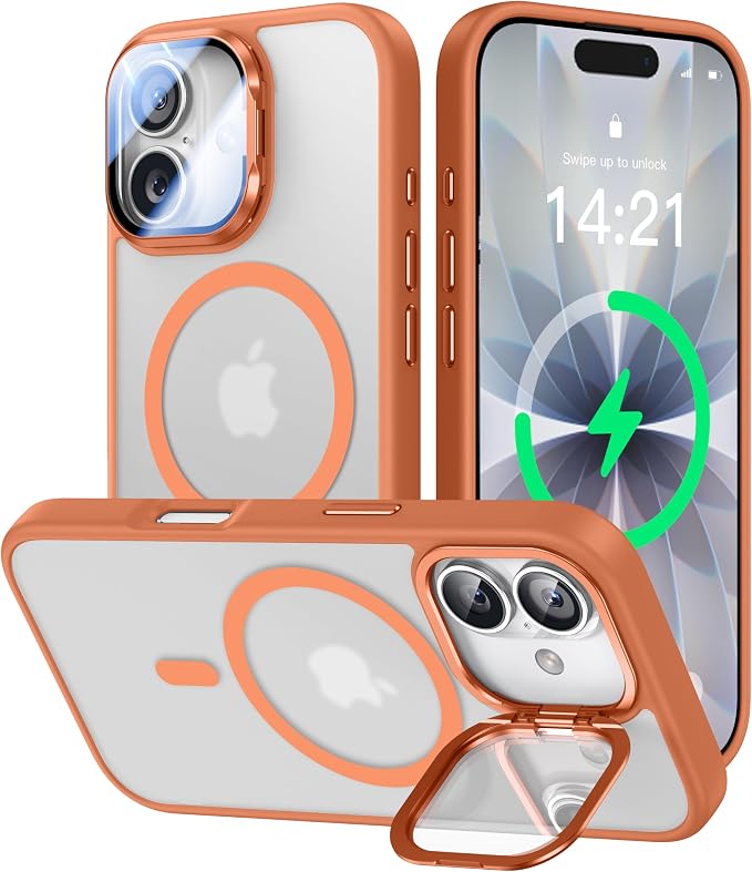 VOFATA [Upgraded Full Camera Protection] for iPhone 17 Case with Camera Cover Stand [Fit for MagSafe][10FT Mil-Grade Protection] Translucent Magnetic iPhone 17 Phone Case, Orange by VOFATA