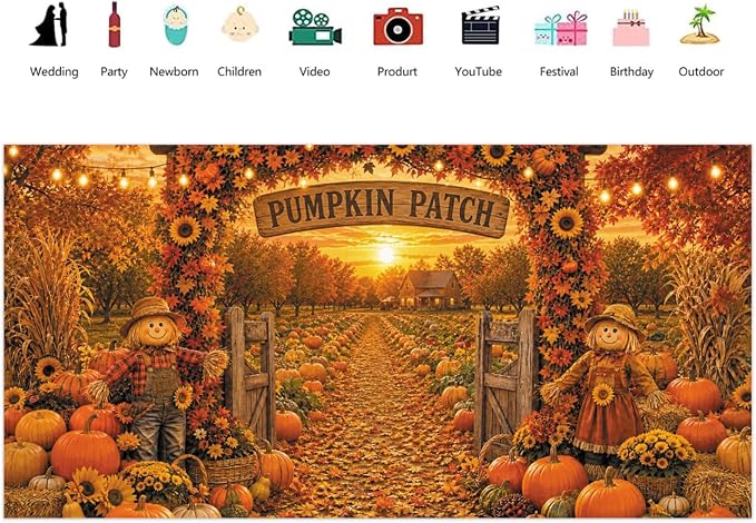 Fall Pumpkin Patch Backdrop 20x10ft Thanksgiving Autumn Harvest Scarecrow Sunflower Photography Background Fall Pumpkin Leaves Theme Baby Shower Party Decorations Photo Booth Props Vinyl - Image 2