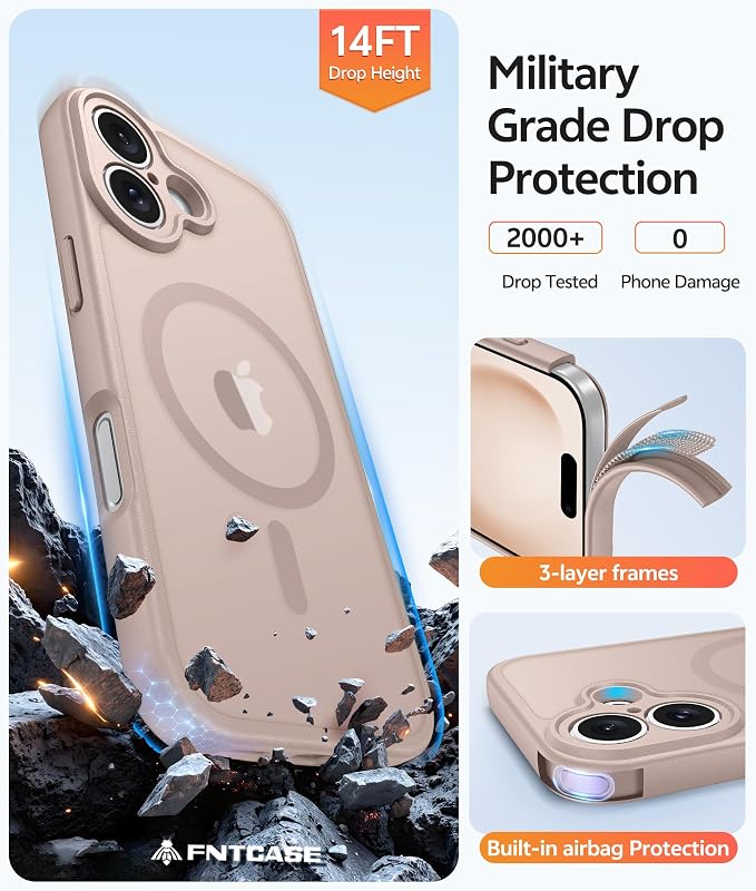 FNTCASE for iPhone 16 Plus Case, Fit for Magsafe, Screen Protector | Full Camera Protection, Translucent Matte, 14FT Military Grade Drop Proof, Shockproof Protective Phone Cover, Desert Gold - Image 5