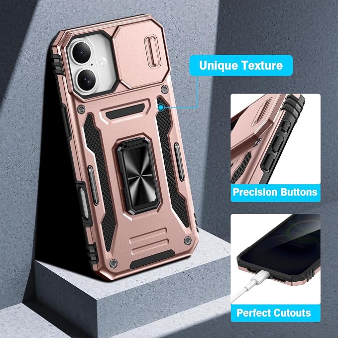 VEGO for iPhone 16 Plus Case with Camera Cover & Privacy Screen Protector | Tempered Glass Screen Protector & Ring Kickstand Military Grade Heavy Duty Protection Cover for iPhone 16 Plus - Rose Gold - Image 7