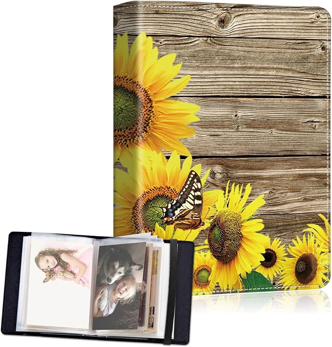 Small Photo Album 5x7, 60 Pockets Holds 120 Photos, Slip-in Pocket Photo Album with Black Elastic Band for Family Wedding Baby Travel Pictures, Sunflower In Wooden by Unknown