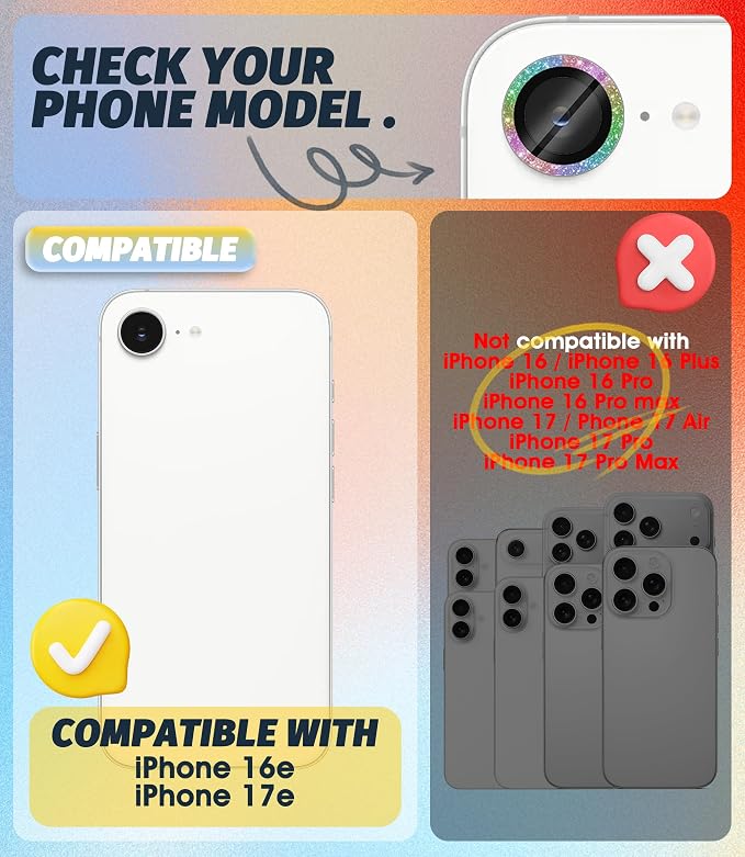 (3 Pack) Orzero Camera Lens Protector for iPhone 17e / iPhone 16e, [EZ Install] [Case-Friendly] 9H Tempered Glass Bling Lens Cover Accessories, Military-Grade Shockproof, HD Clarity Anti-Glare - Glitter Colorful - Image 2
