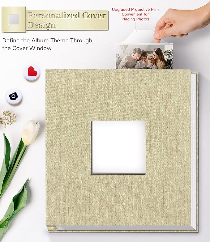 Artfeel Photo Album Self Adhesive Scrapbook Album for 3x5 4x6 5x7 8x10 Pictures,40 Pages Linen Cover with Display Window DIY Photo Book,Ideal Gifts for Family Travel Wedding Baby - Image 2