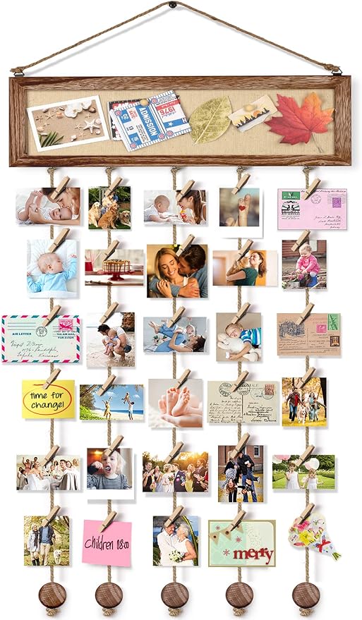 Bikoney Collage Picture Frame with Bulletin Board - Carbonized Black | Rustic Wood Polaroid Display Board with 30 Clips & 6 Pushpins, Cork Bulletin Board for Room Decor by Bikoney