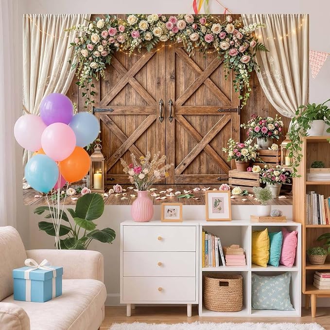9x6ft Wedding Backdrop Rustic Floral Flower Wooden Wall Backdrop Bridal Baby Shower Ceremony Photography Background Shabby Chic Countryside Western Anniversary Wedding Party Birthday Photo Prop - Image 4