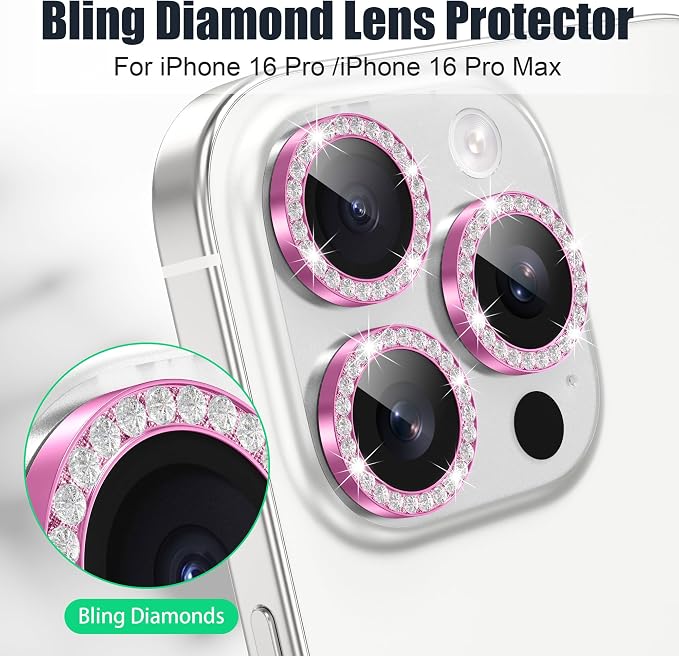 AGVEE 3+3 6 Pack for iPhone 16 Pro & Max Camera Lens Protector Cover | Individual Bling Diamond & Bling Glitter Sparkle Cute Gem Metal Ring, 9H Tempered HD Glass - Image 4