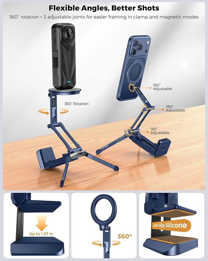 OMOTON TP02-Ultra Multi-Device Camera & Phone Mount with 1/4" Adapter, Blue | Built-In 1/4" & Arca Base, Clamp, Magnetic & Tripod Setups for iPhone, Pocket/Action Cameras, Overhead & Low-Angle Filming - Image 8