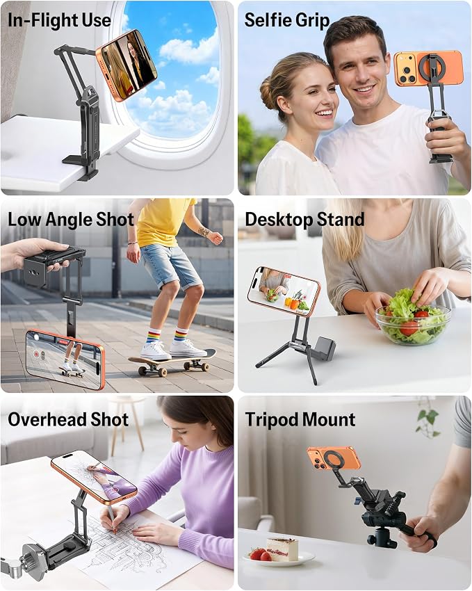 OMOTON TP02-Pro 5 in 1 Magnetic Phone Holder for Vlogging Essentials, Black | Arca-type Base with a 1/4" Screw Hole, Selfie Stick with Rear Attachment Plate, for iPhone 12-17 Series, Gym Kitchen Travel - Image 5