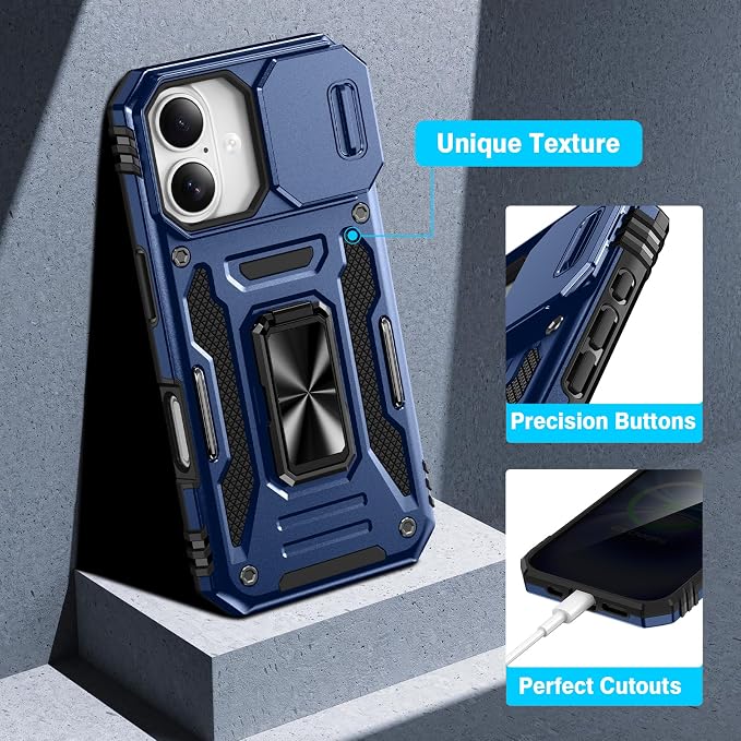 VEGO for iPhone 16 Case with Stand and Slide Camera Cover Blue | Privacy Tempered Glass Screen Protector & Ring Kickstand Military Grade Heavy Duty Protection Cover for iPhone 16 - Blue - Image 7