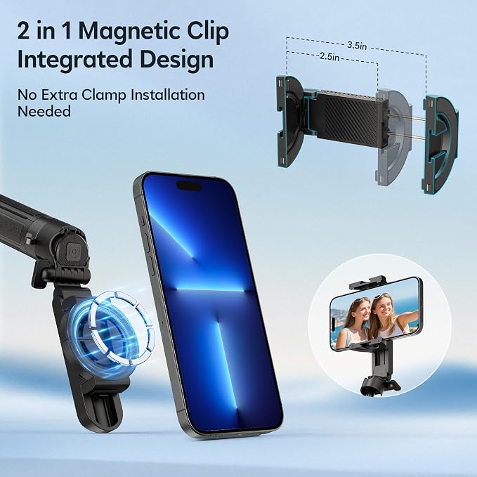 14.5" Mini Magnetic Tripod for iPhone, Selfie Stick with Remote for MagSafe, Portable Pocket Size Selfie Stick with Metal Ring, Small/Compact Cell Phone Stand for Recording, Travel and Vlogging-Black - Image 2