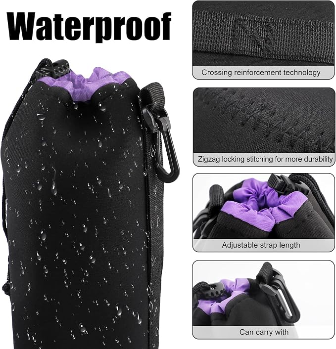 4Pcs Camera Lens Case Bag,4 Sizes Purple Water Resistant Protective Lens Pouch Set With Adjustable Drawstring Rotating Clamp,Replacement Compatible Thick Protective Neoprene for Canon,Nikon,Sony - Image 5