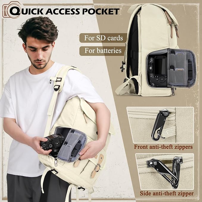 RAINSMORE Camera Backpack, DSLR SLR Mirrorless Camera Bag for Photographer | 15.6 Inch Vintage Canvas Camera Case with Laptop Compartment & Tripod Holder & Rain Cover for Sony Canon Nikon Fujifilm Beige - Image 6