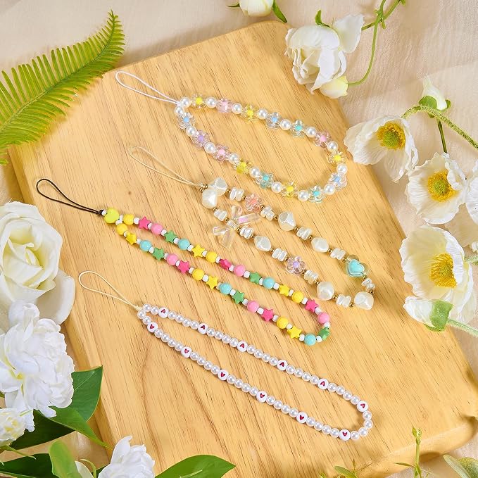 BEEFLYING Beaded Phone Charm Wrist Strap for Case, 4 Pcs | Acrylic Cell Phone Chain, for Bag Keychain Camera Wallet - Image 3