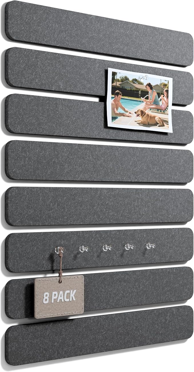 Fluxynara 13" x 2" Felt Wall Panels, Charcoal Gray | 8-Pack Includes 50 Push Pins and Adhesive Tabs for Photos, Notes and Decor in Bedroom Doors, Home Office or Studios by FLUXYNARA